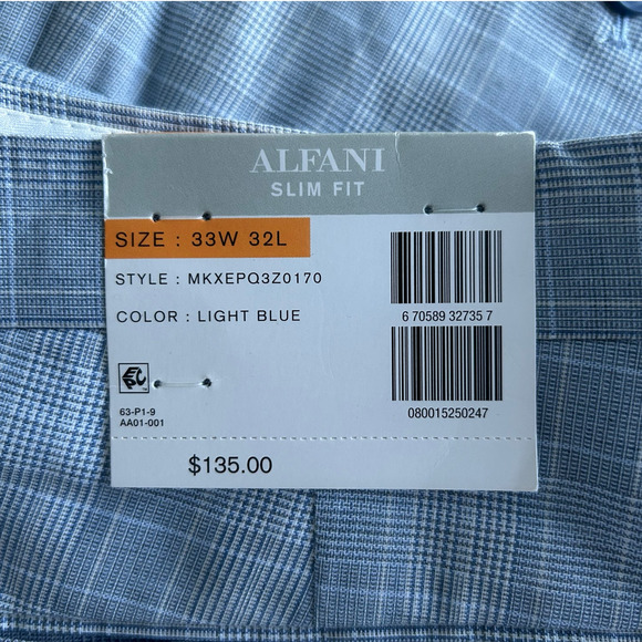 NWT Alfani Slim-Fit Plaid Suit Pants, Light Blue, Men's 33W x 32L - Picture 3 of 6